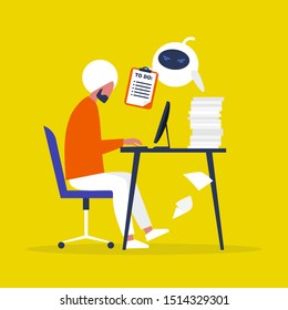 Exploiter. Angry robot showing a to do list to a tired employee.  Authority. Technologies. Exploitation at work. Human rights. Artificial intelligence. Flat editable vector illustration. Concept.