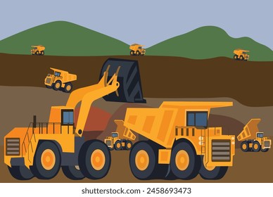 Exploration and activities in mining. Heavy vehicles loading mining products, heavy equipment transportation. coal mining operation loading into heavy truck in valley mining