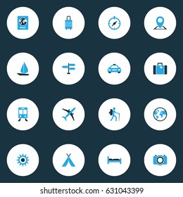 Exploration Colorful Icons Set. Collection Of Signpost, Taxi, Passport And Other Elements. Also Includes Symbols Such As Plane, Sunny, Boat.