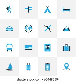 Exploration Colorful Icons Set. Collection Of Earth, Hotel, Bus And Other Elements. Also Includes Symbols Such As Bag, Mountains, Plane.