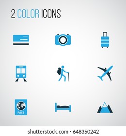 Exploration Colorful Icons Set. Collection Of Train, Bed, Photo Device And Other Elements. Also Includes Symbols Such As Traveler, Aircraft, Visa.