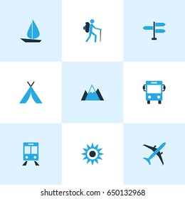 Exploration Colorful Icons Set. Collection Of Sail, Bus, Tourist And Other Elements. Also Includes Symbols Such As Dome, Sun, Transport.