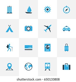Exploration Colorful Icons Set. Collection Of Train, Bank Card, Sun And Other Elements. Also Includes Symbols Such As Train, Ship, Document.