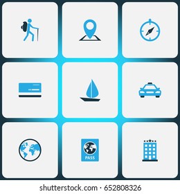 Exploration Colorful Icons Set. Collection Of Passport, Map Pin, Sail And Other Elements. Also Includes Symbols Such As Car, Pin, Building.