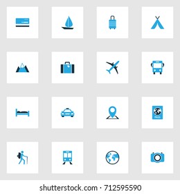 Exploration Colorful Icons Set. Collection Of Suitcase, Bank Card, Taxi And Other Elements. Also Includes Symbols Such As Passport, Earth, Car.