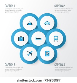 Exploration Colorful Icons Set. Collection Of Bed, Mountains, Train And Other Elements. Also Includes Symbols Such As Valise, View, Aircraft.