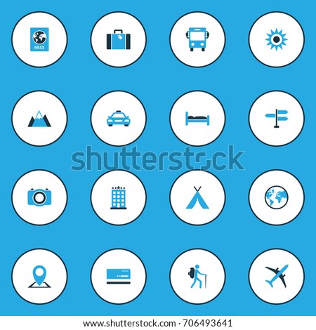 Exploration Colorful Icons Set. Collection Of Tourist, Suitcase, Bus And Other Elements. Also Includes Symbols Such As Identification, Camera, Visa.