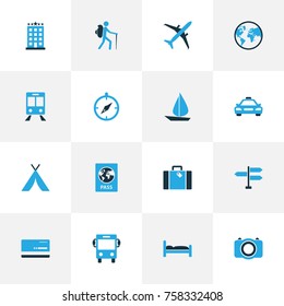Exploration Colorful Icons Set With Passport, Tourist, Tent And Other Photo Device Elements. Isolated Vector Illustration Exploration Icons.