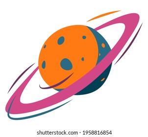 Exploration and discovery of outer space and cosmos celestial bodies. Isolated icon of planet, saturn rotating. Meteor or asteroid, planetarium system in astronomy museum. Vector in flat style