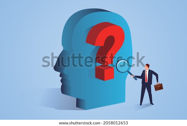 Exploration and discovery, research and analysis to\
solve problems, businessman holding a magnifying glass to observe\
the question mark on the\
brain