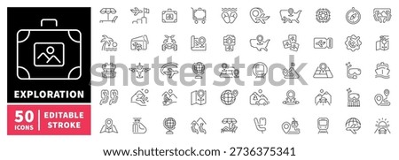 Exploration editable line icons set. Travel, adventure, discovery symbols