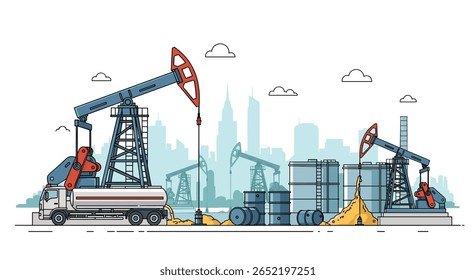 Exploração e extração de petróleo bruto impulsionando o progresso industrial em paisagens urbanas que impulsionam as economias globais através de operações de extração mecânica
