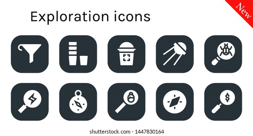 exploration icon set. 10 filled exploration icons.  Collection Of - Funnel, Glass, Sputnik, Loupe, Search, Compass