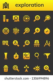 exploration icon set. 26 filled exploration icons.  Simple modern icons about  - Glass, Spaceship, Search, Solar system, Magnifying glass, Wind rose, Compass, Loupe, Space capsule