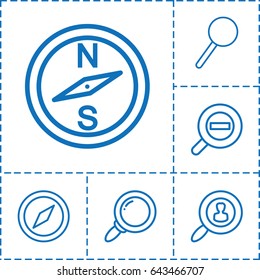 Exploration icon. set of 6 exploration outline icons such as magnifier, zoom out, user search, compass