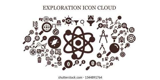 exploration icon set. 93 filled exploration icons.  Collection Of - Solar system, Funnel, Zoom, Magnifying glass, Loupe, Search, Rigging, Compass, Space capsule, Zoom out, Zoom in