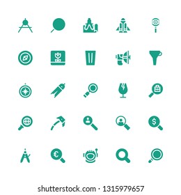 exploration icon set. Collection of 25 filled exploration icons included Magnifying glass, Astronaut, Compass, Loupe, Research, Ice axe, Search, Glass, Funnel, Parabolic, Macro