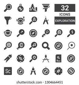 exploration icon set. Collection of 32 filled exploration icons included Compass, Scout, Search, Magnifying glass, Loupe, Astronaut, Funnel