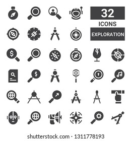 exploration icon set. Collection of 32 filled exploration icons included Compass, Search, Parabolic, Science fiction, Searching, Glass, Find, Magnifying glass, Astronaut, Loupe