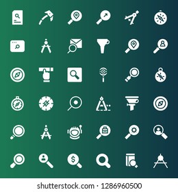 exploration icon set. Collection of 36 filled exploration icons included Compass, Search, Magnifying glass, Research, Loupe, Astronaut, Funnel, Searching, Ice axe