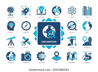 Exploration icon set. Space, Curiosity, Underwater, Photography, Cartography, Discovery, Astronomy, Technology. Duotone color solid icons