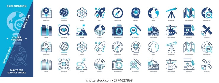 Exploration icon set. Space, Curiosity, Underwater, Archaeology, Mission, Discovery, Astronomy, Geology. Duotone color solid and editable outline icons