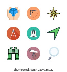 exploration icon set. vector set about compass, magnifying glass, binoculars and wind rose icons set.