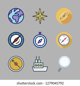 exploration icon set. vector set about planet earth, oil platform, compass and wind rose icons set.