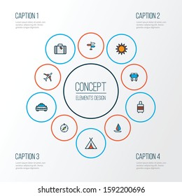 Exploration icons colored line set with baggage suitcase, compass, sun and other navigation elements. Isolated vector illustration exploration icons.
