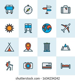 Exploration icons colored line set with sun, signpost, bus and other autobus elements. Isolated vector illustration exploration icons.