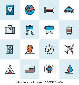 Exploration icons colored line set with baggage suitcase, sail boat, tent and other payment elements. Isolated vector illustration exploration icons.
