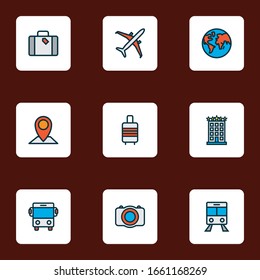 Iconos de exploración de color conjunto de línea con el pin de mapa, cámara fotográfica, maleta y otros elementos de destino. Iconos de exploración de ilustraciones vectoriales aislados.