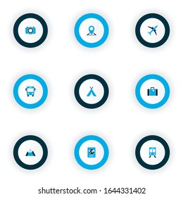 Exploration icons colored set with briefcase, autobus, camera and other passport elements. Isolated vector illustration exploration icons.