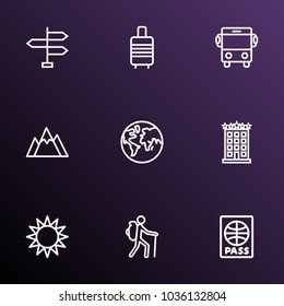 Exploration icons line style set with hotel, bus, tourist and other earth  elements. Isolated vector illustration exploration icons.