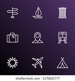 Exploration icons line style set with sail boat, location, hotel and other direction  elements. Isolated vector illustration exploration icons.