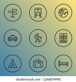 Exploration icons line style set with tourist, cab, suitcase and other canopy elements. Isolated vector illustration exploration icons.
