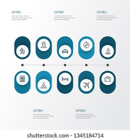 Exploration icons line style set with suitcase, sail boat, passport and other canopy elements. Isolated vector illustration exploration icons.