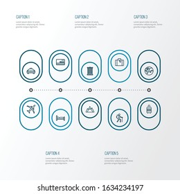 Exploration icons line style set with hotel, airplane, bed and other earth elements. Isolated vector illustration exploration icons.