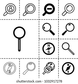 Exploration icons. set of 13 editable filled and outline exploration icons such as compass, magnifier, zoom out, search, globe search