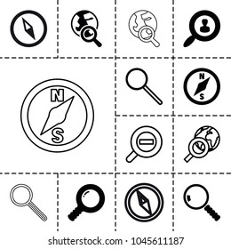 Exploration icons. set of 13 editable filled and outline exploration icons such as search, user search, globe search, zoom out, compass