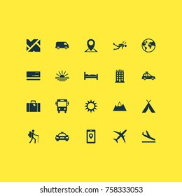 Exploration Icons Set With Arrival, Booth, Car And Other Lorry Elements. Isolated Vector Illustration Exploration Icons.