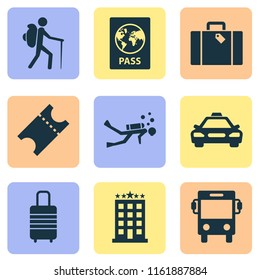 Exploration icons set with baggage, suitcase, hotel and other transport elements. Isolated vector illustration exploration icons.