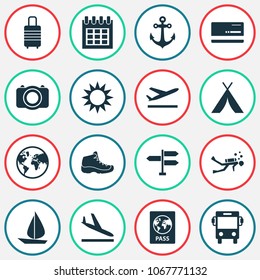 Exploration icons set with bank card, tent, sail and other certificate elements. Isolated vector illustration exploration icons.