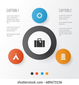 Exploration Icons Set. Collection Of Building, Sunny, Booth And Other Elements. Also Includes Symbols Such As Stall, Sunny, Hotel.