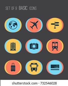 Exploration Icons Set. Collection Of Building, Mastercard, Direction And Other Elements. Also Includes Symbols Such As Car, Train, Earth.
