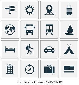 Exploration Icons Set. Collection Of Car, Guide, Sunny And Other Elements. Also Includes Symbols Such As Train, Hotel, Location.