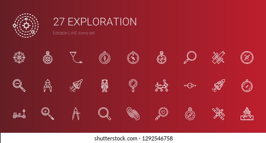 exploration icons set. Collection of exploration with compass, magnifying glass, galaxy, loupe, zoom in, moon rover, solar system, mars rover. Editable and scalable exploration icons.