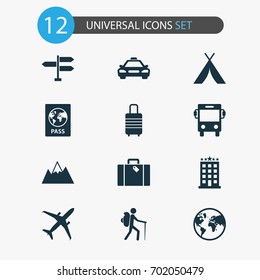 Exploration Icons Set. Collection Of Direction, Bag, Planet And Other Elements. Also Includes Symbols Such As Motel, Airplane, Baggage.