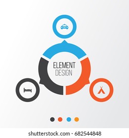 Exploration Icons Set. Collection Of Doss, Car, Booth And Other Elements. Also Includes Symbols Such As Taxi, Bed, Kip.