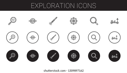 exploration icons set. Collection of exploration with magnifying glass, compass, rocket ship, loupe, moon rover. Editable and scalable exploration icons.